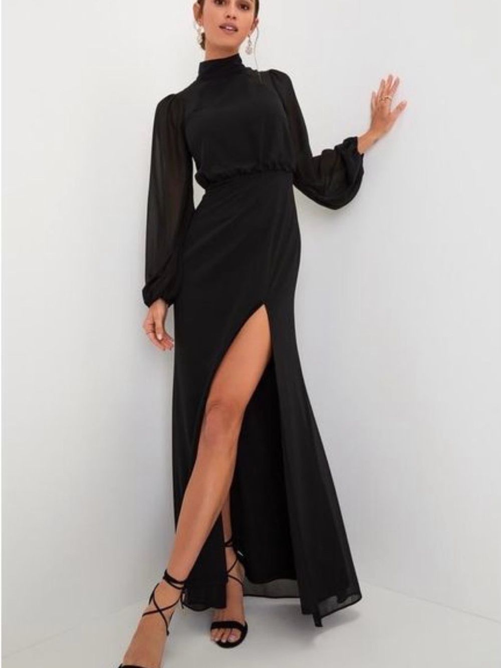 Lulu's Black High-Neck Long Sleeve Maxi Dress with Thigh Slit L